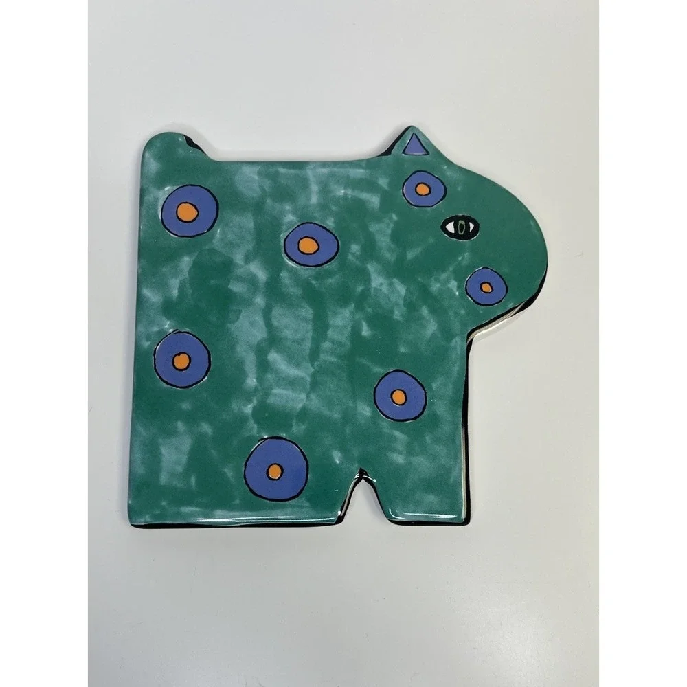 Vtg Ceramic Cat Trivet Porta Annee Goodchild Teal Spots Footed Plate‎ Eccentric